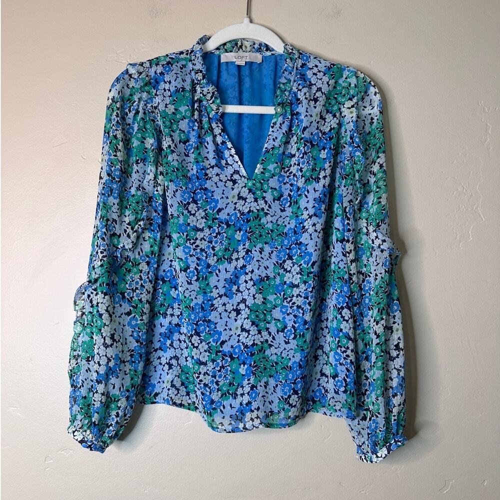 LOFT Blue Green Floral Long Sleeve Blouse XS
